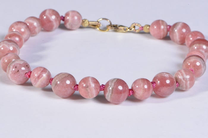 Rhodochrosite Beaded Bracelet, Knotted Gemstone, 14K Gold Filled Clasp