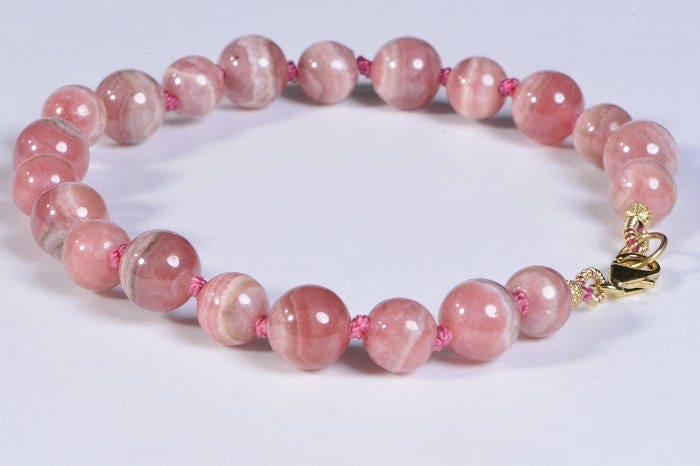 Rhodochrosite Beaded Bracelet, Knotted Gemstone, 14K Gold Filled Clasp
