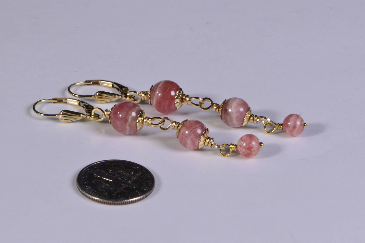 Rhodochrosite Earrings, 14K Gold Filled Wire Wrapped Dangle Earrings
