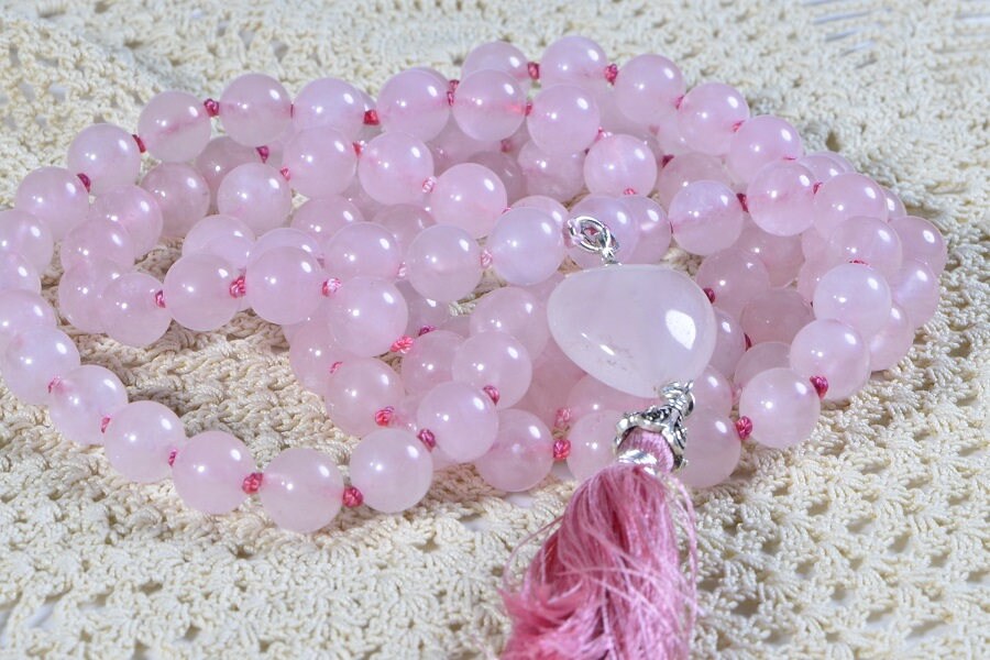 Rose Quartz Mala Bead Necklace, 108 Beads, Heart Tassel