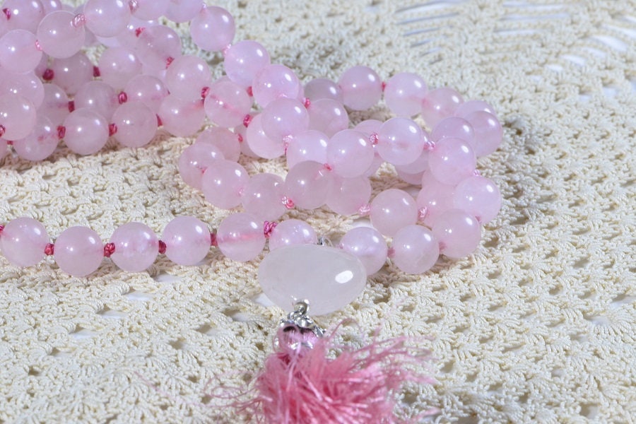 Rose Quartz Mala Bead Necklace, 108 Beads, Heart Tassel