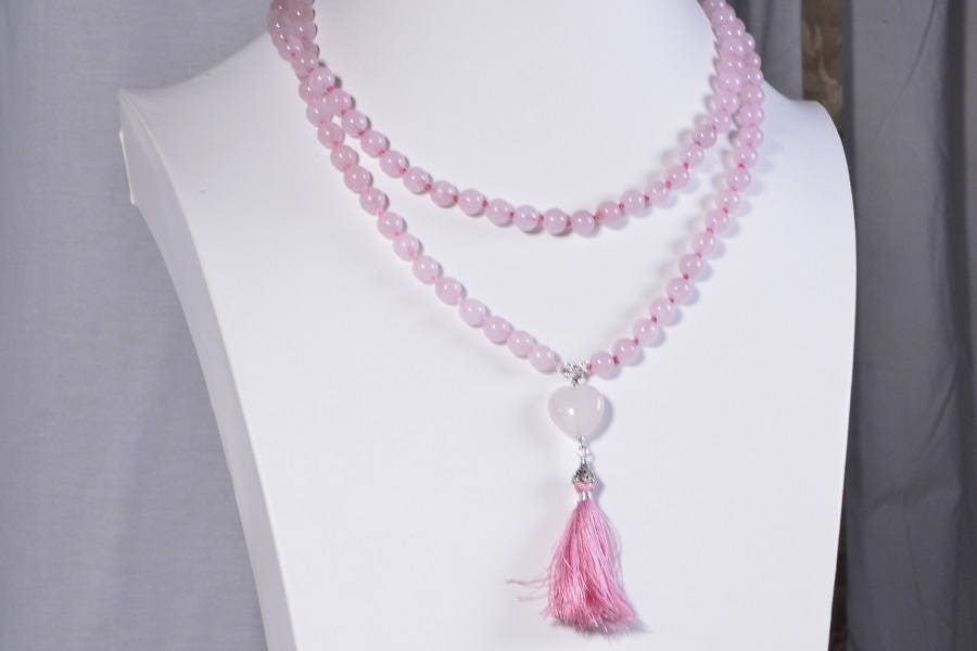 Rose Quartz Mala Bead Necklace, 108 Beads, Heart Tassel
