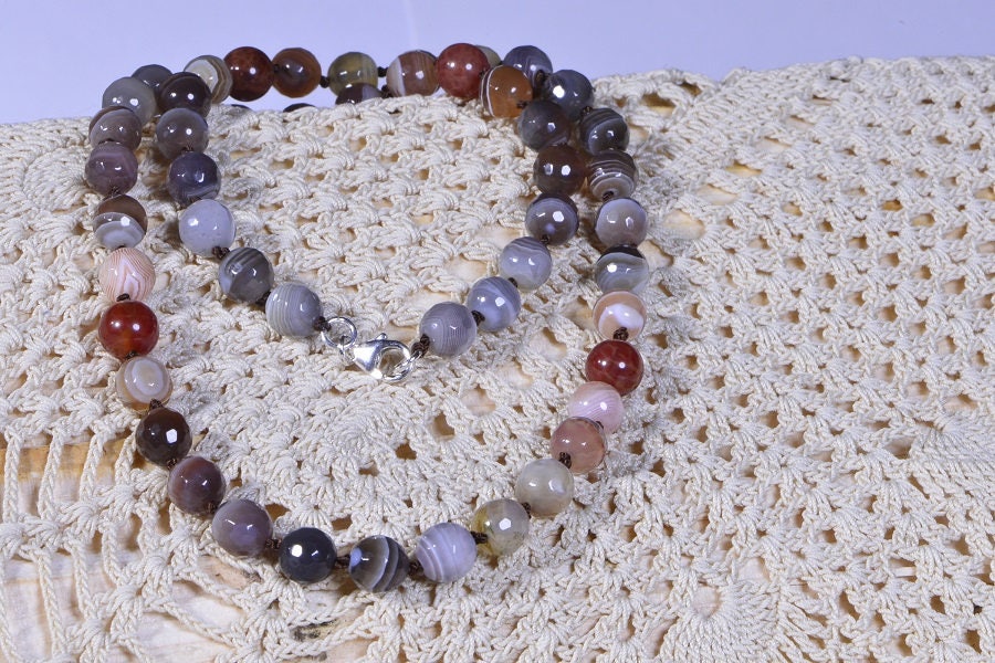 Knotted Agate Bead Necklace, Sterling Silver Clasp, 20 Inch