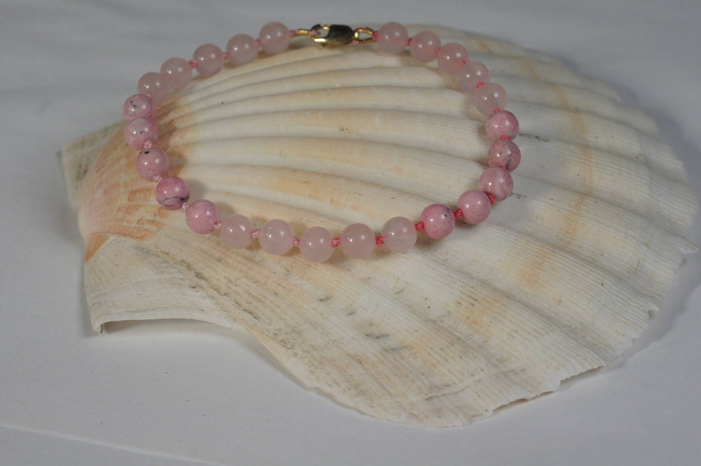 Rose Quartz and Rhodochrosite Mala Bracelet, Knotted Beads Bracelet,  Bead Bracelets
