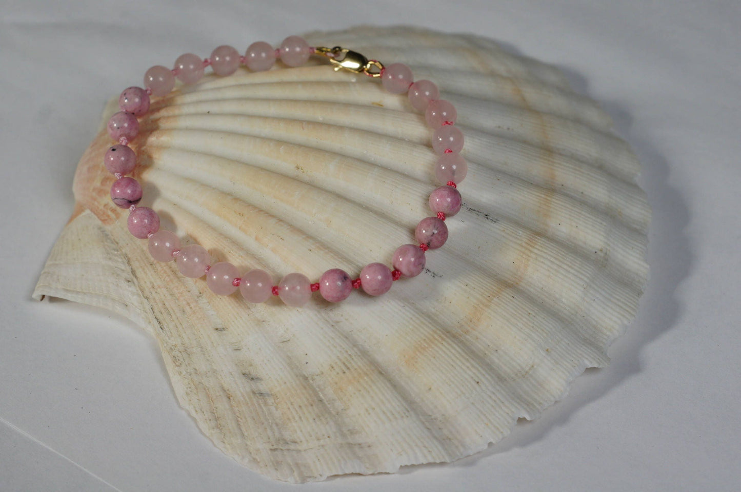 Rose Quartz and Rhodochrosite Mala Bracelet, Knotted Beads Bracelet,  Bead Bracelets
