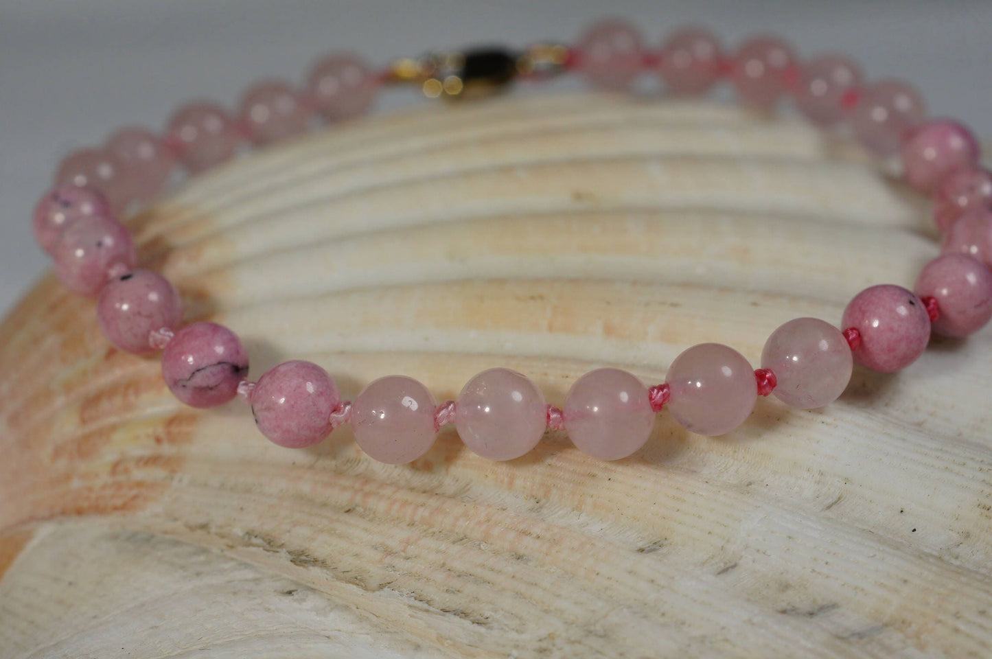 Rose Quartz and Rhodochrosite Mala Bracelet, Knotted Beads Bracelet,  Bead Bracelets