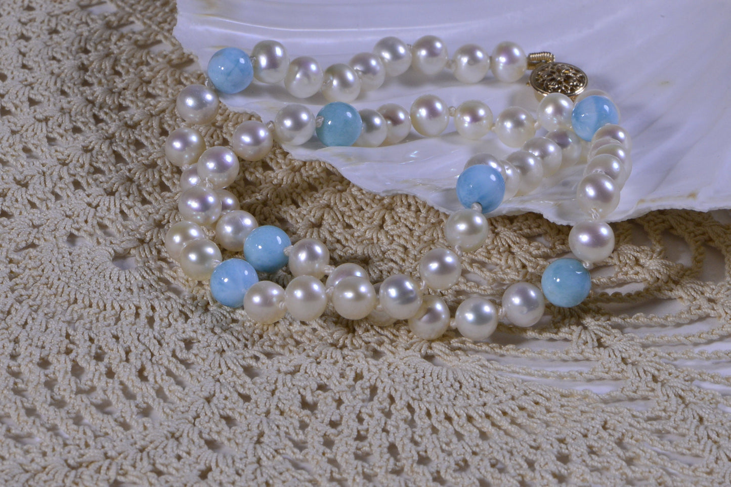 Larimar & Pearl Choker Necklace, 14k Gold Filled Clasp