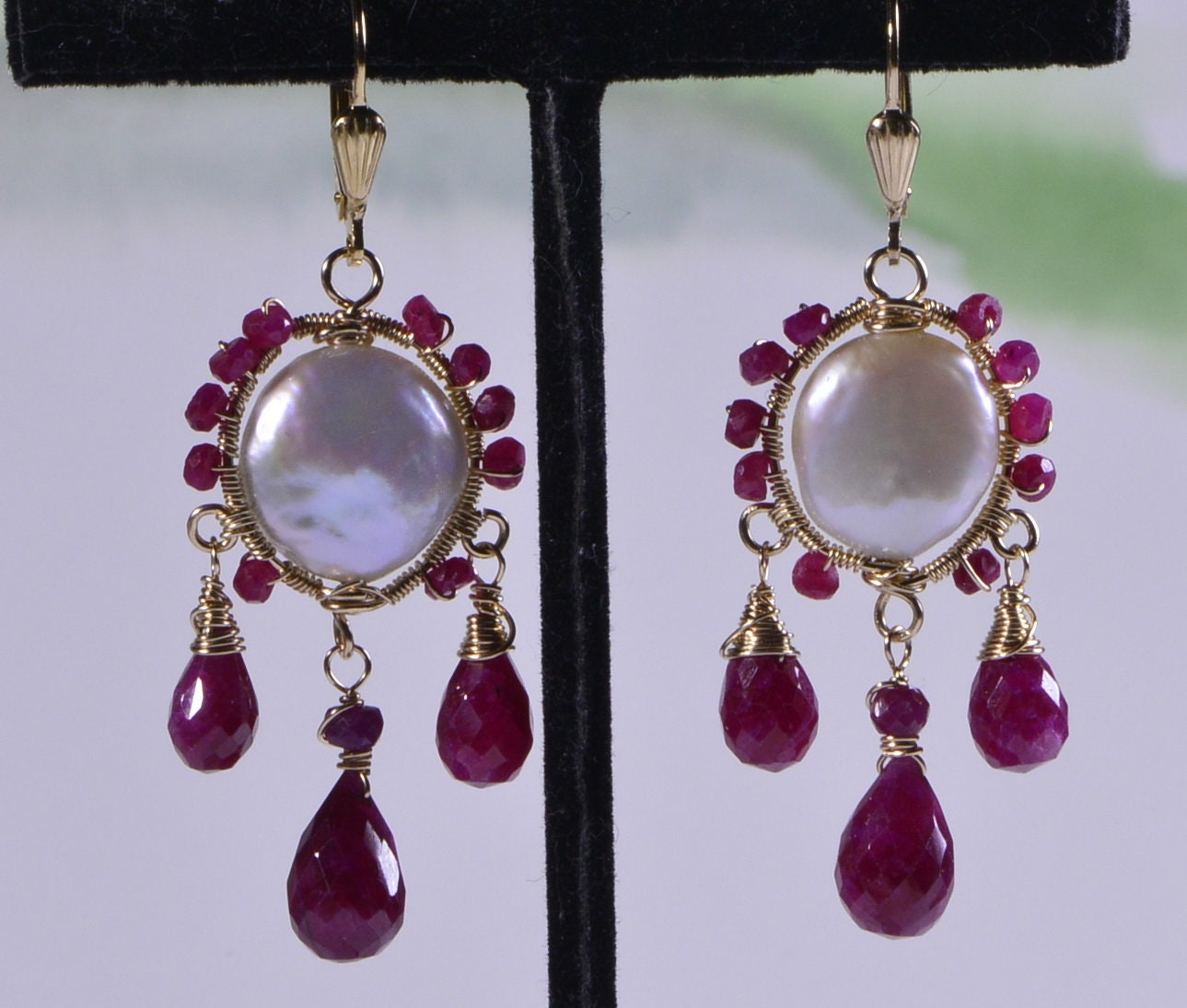Wire Wrapped Ruby Earrings, Pearl, 14k Gold Filled