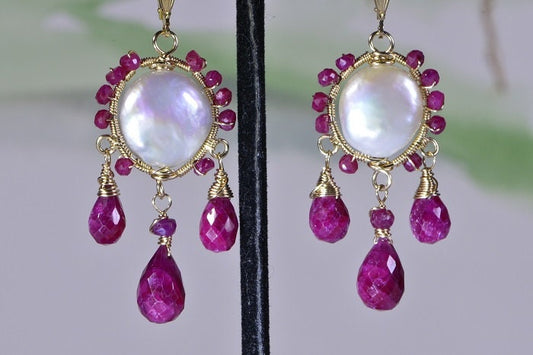 Wire Wrapped Ruby Earrings, Pearl, 14k Gold Filled