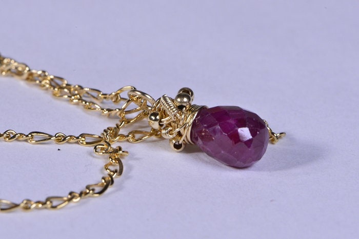 Birthstone Ruby Necklace  14K Gold Jewelry Wire Wrapped Ruby pendant Birthday July Stone