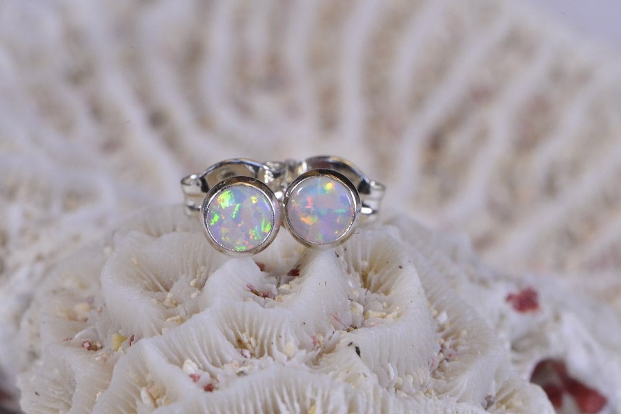Tiny White Opal Stud Earrings: Minimalist October Birthstone