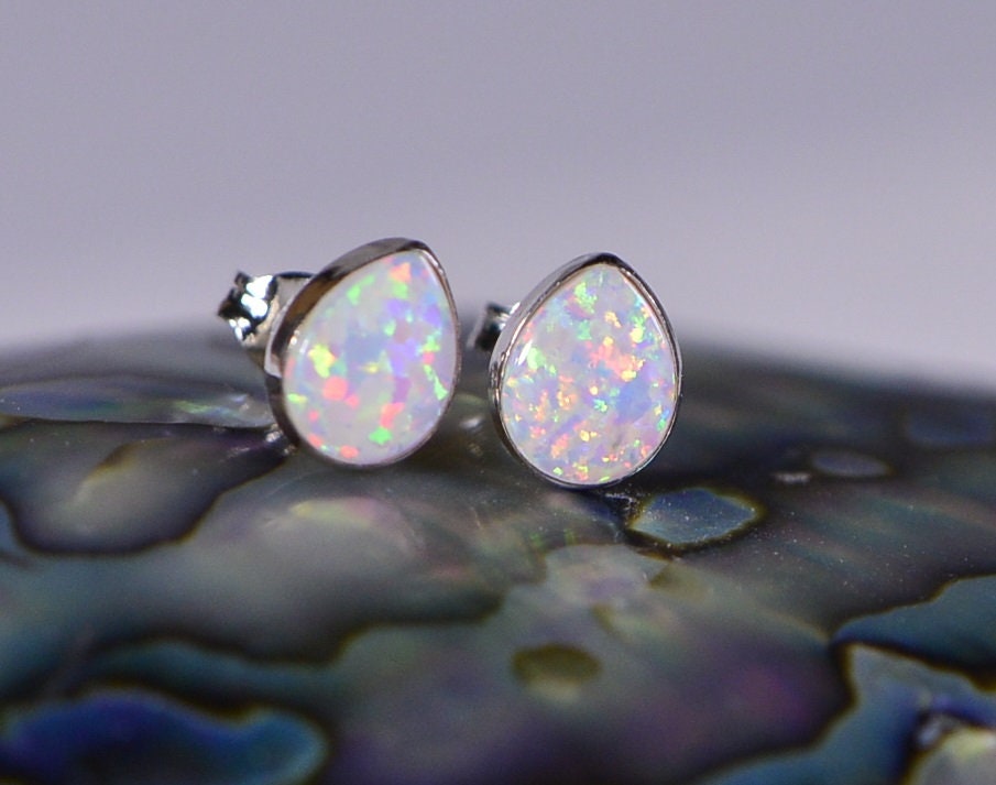 Sterling Silver Opal Stud Earrings: Teardrop Bezel Set