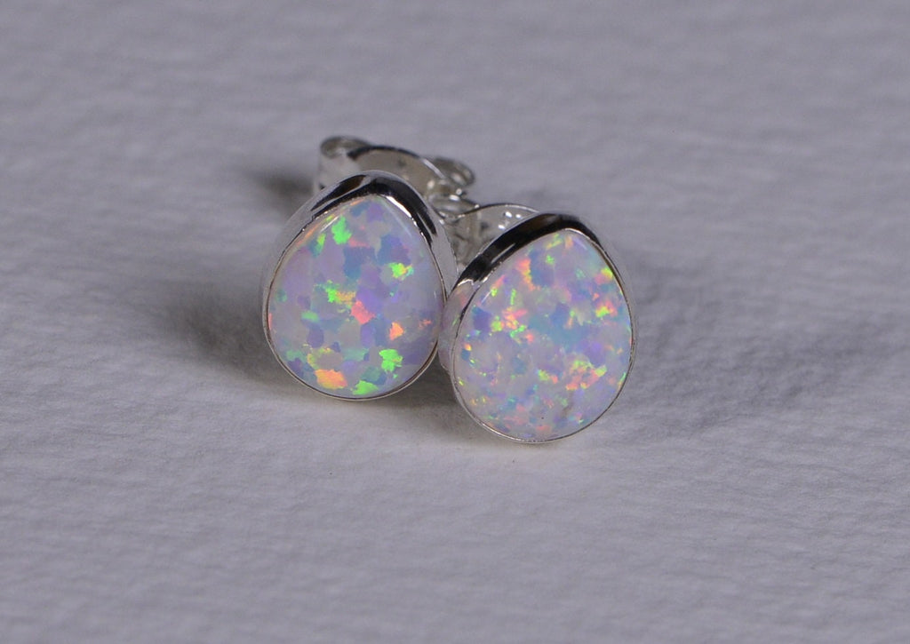Sterling Silver Opal Stud Earrings: Teardrop Bezel Set