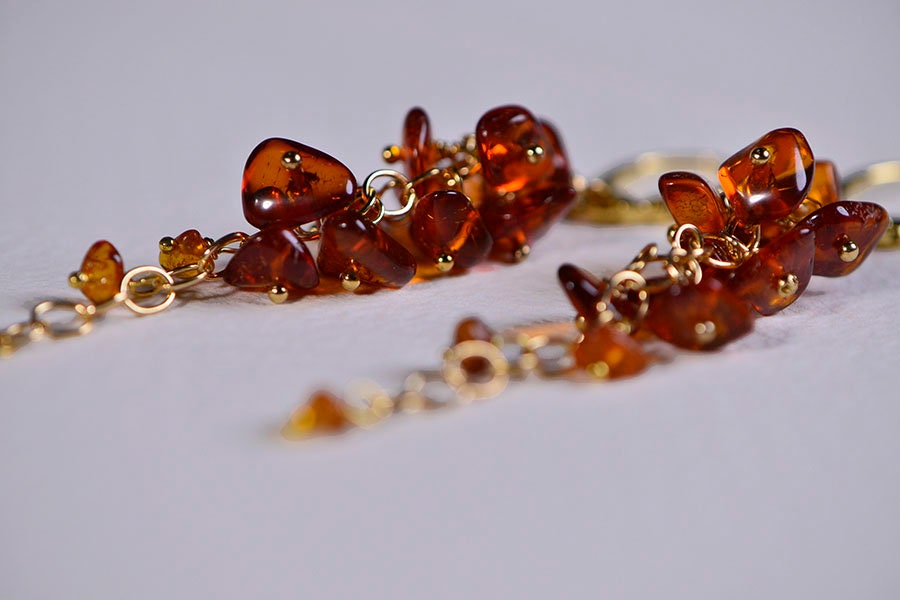 Baltic Amber Dangle Earrings, 14K Gold Filled, Honey Gemstone Cluster
