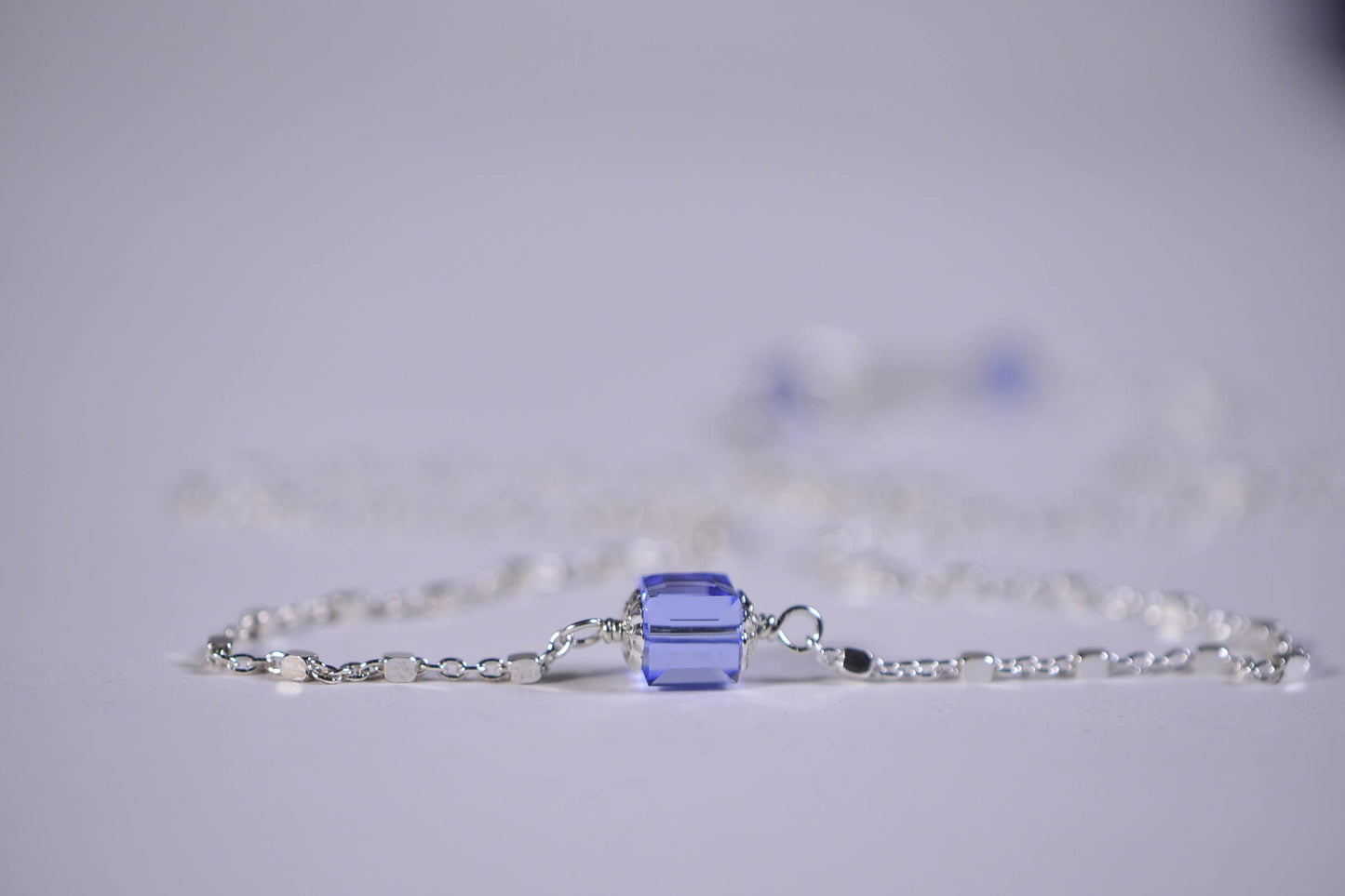 Blue Topaz Swarovski Crystal Necklace, Sterling Silver Box Chain