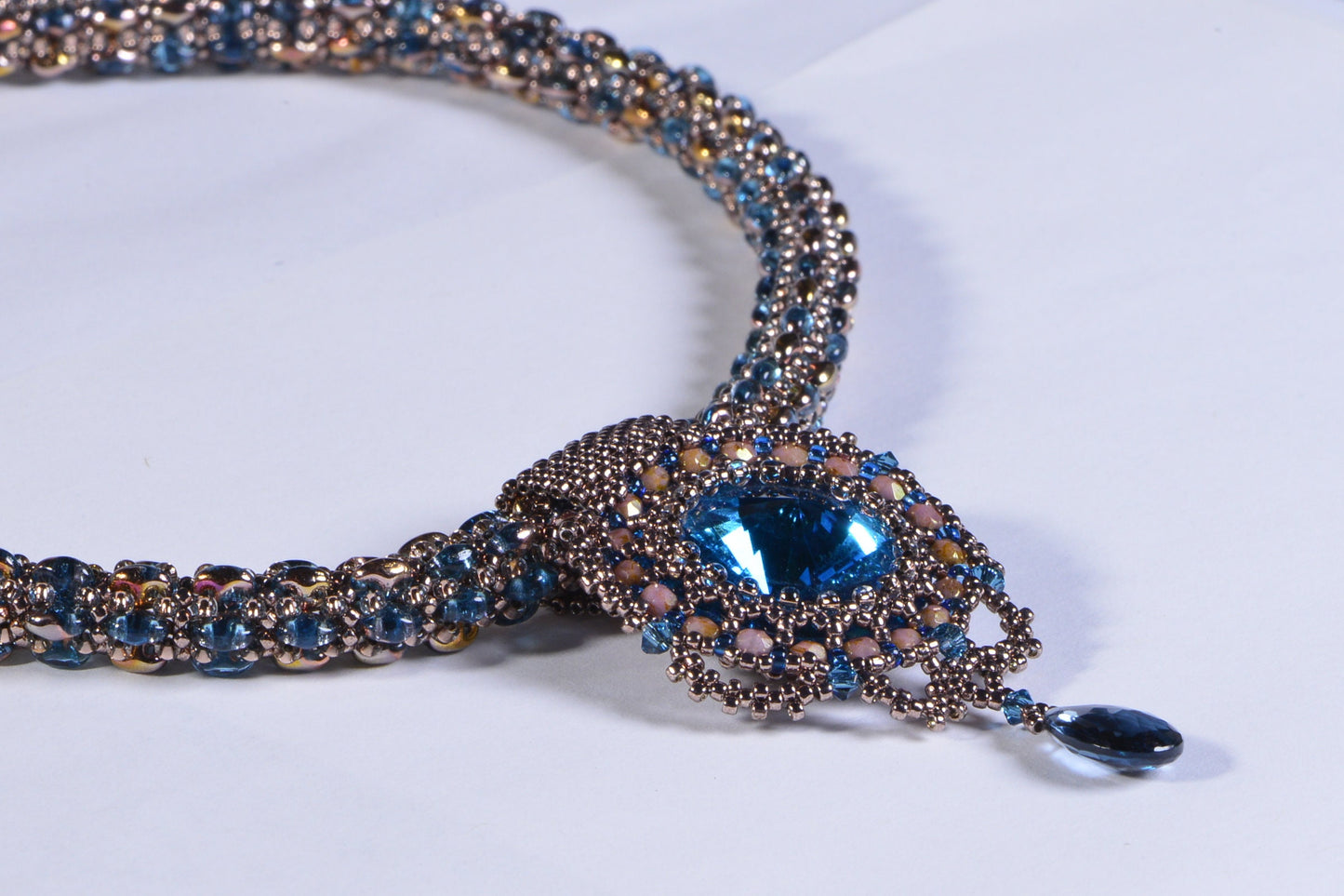 Aqua Blue Crystal Necklace, Beaded Rivoli, SuperDuo Rope, London Topaz Necklace,