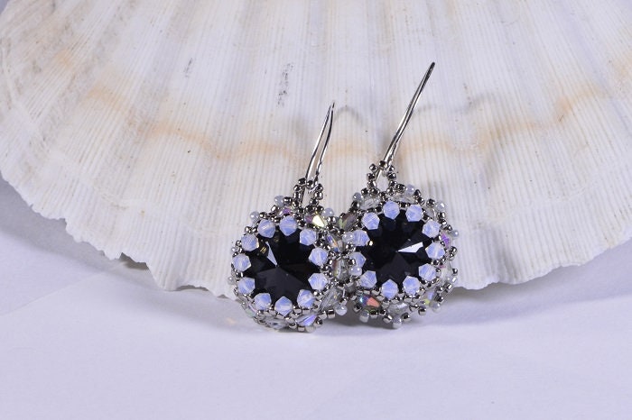Handmade Black Crystal Rivoli Earrings, Sterling Silver, Beaded Jewelry