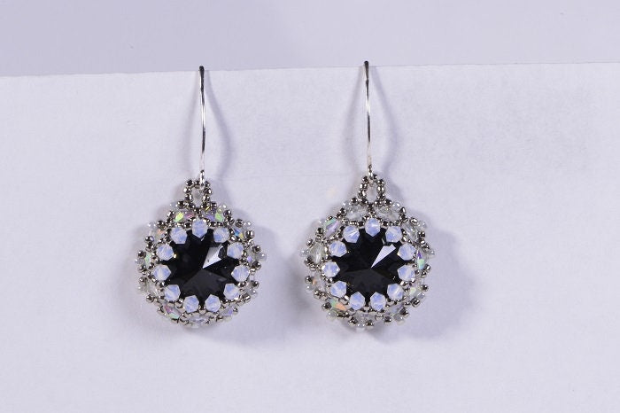 Handmade Black Crystal Rivoli Earrings, Sterling Silver, Beaded Jewelry