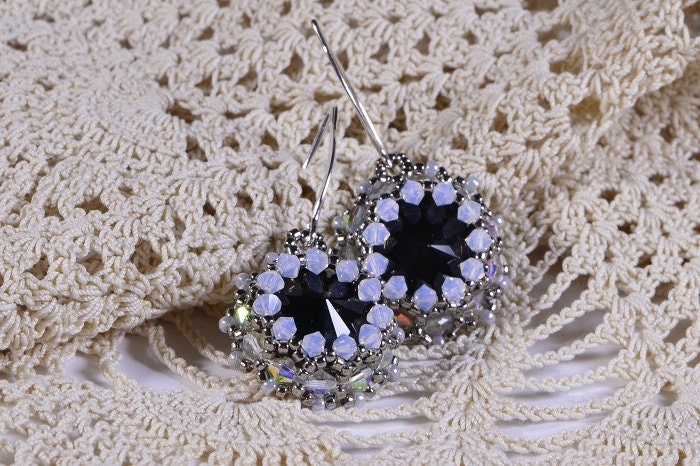 Handmade Black Crystal Rivoli Earrings, Sterling Silver, Beaded Jewelry