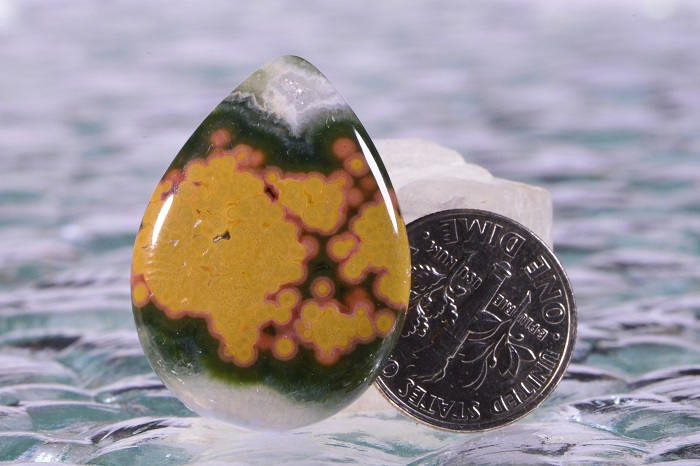 Teardrop Ocean Jasper Cabochon: Green, Yellow, and Red Gemstone (30x22x5.5mm)