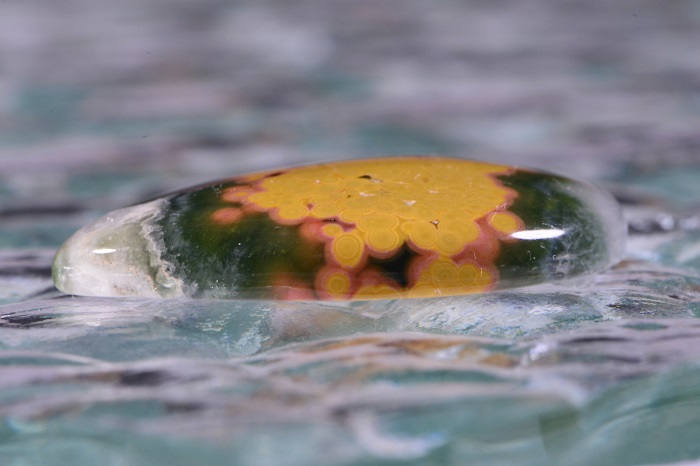 Teardrop Ocean Jasper Cabochon: Green, Yellow, and Red Gemstone (30x22x5.5mm)
