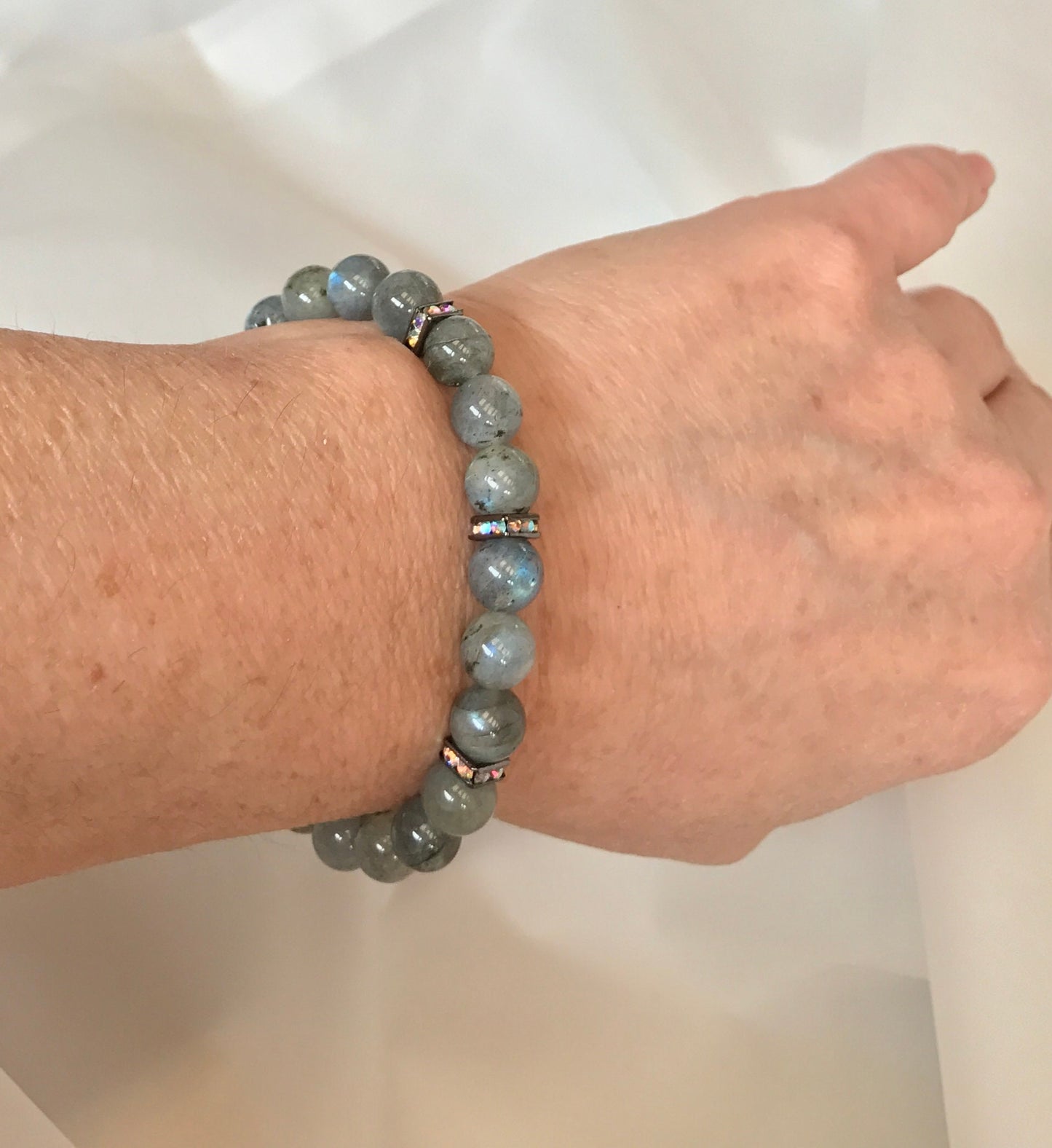 Labradorite Bracelet, Sterling Silver, Crystal Chakra, Yoga Wrist Mala