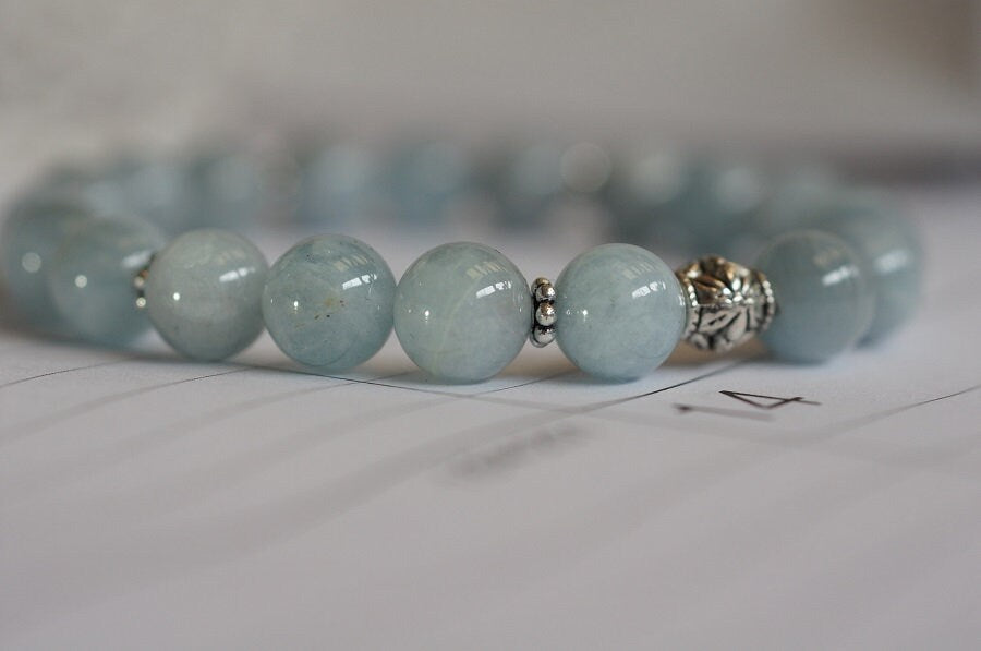 Aquamarine Bracelet, Sterling Silver Beads, Gemstone Healing Jewelry