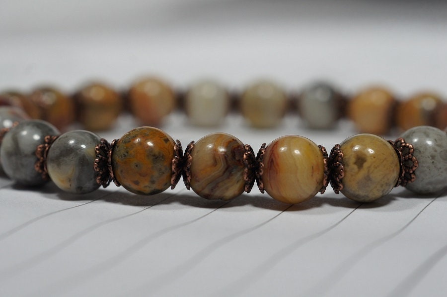Crazy Lace Agate Bracelet: Natural Gemstone, Patina Silver Beads