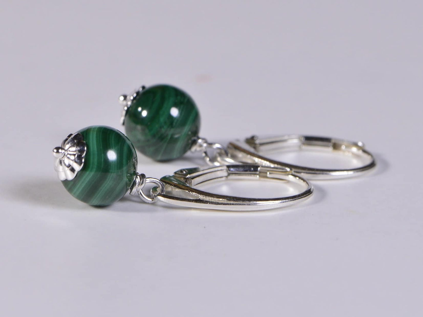 Malachite Earrings Simple Round Shape Drop Wire Wrapped Sterling Silver Minimalist Earrings For Her