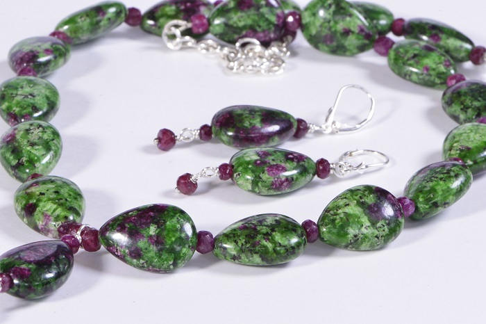 Zoisite Ruby Necklace & Teardrop Earrings, Sterling Silver Set