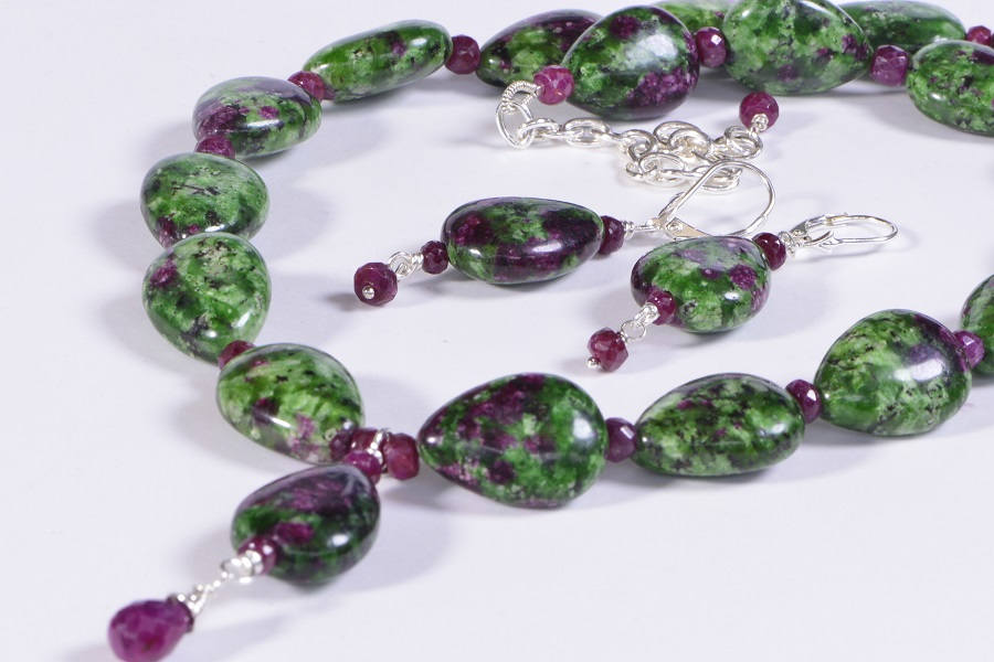 Zoisite Ruby Necklace & Teardrop Earrings, Sterling Silver Set