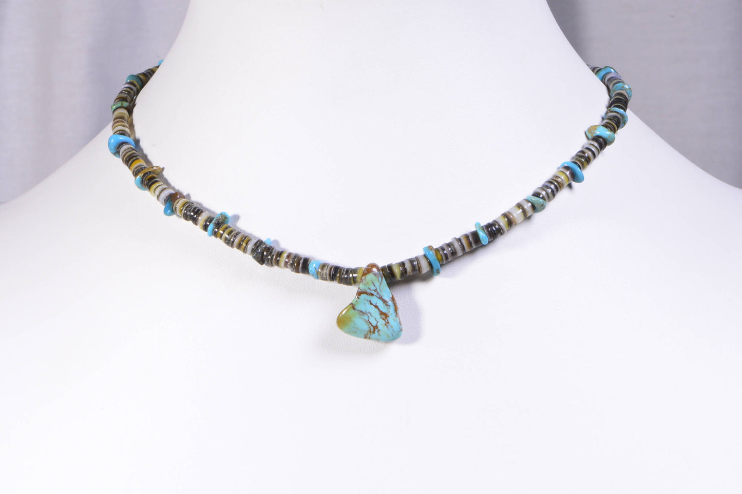 Kingman Turquoise Necklace, Sterling Silver Clasp, Oyster Shell Heishi