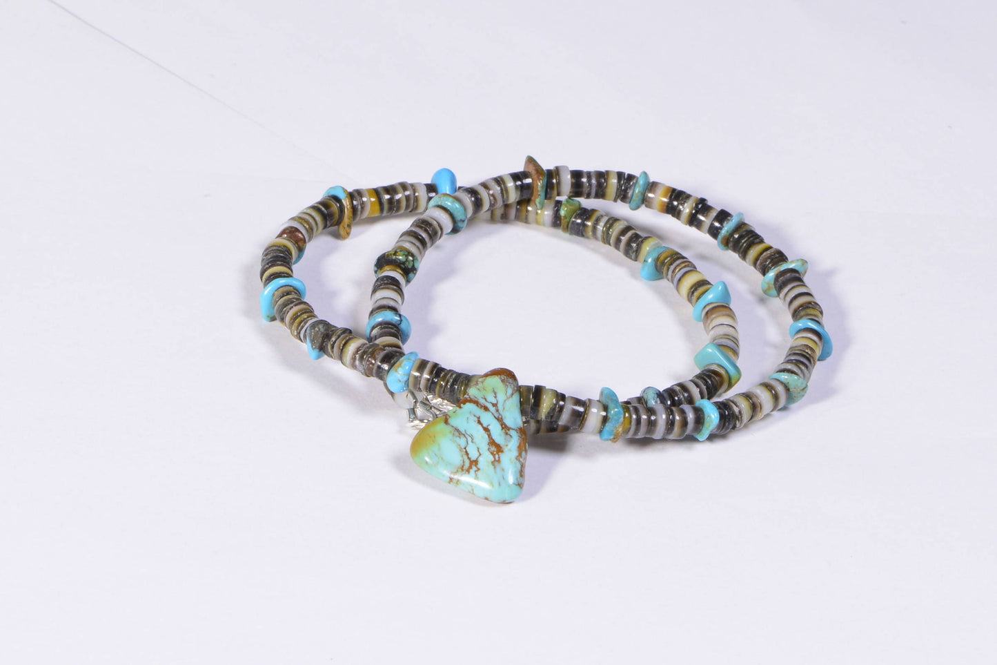 Kingman Turquoise Necklace, Sterling Silver Clasp, Oyster Shell Heishi