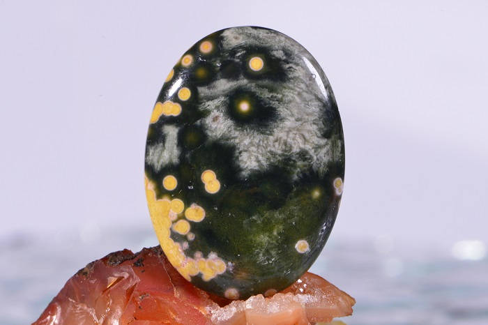 Ocean Jasper Cabochon: Oval Gemstone, Greens, Yellows (30x22x4.8mm)