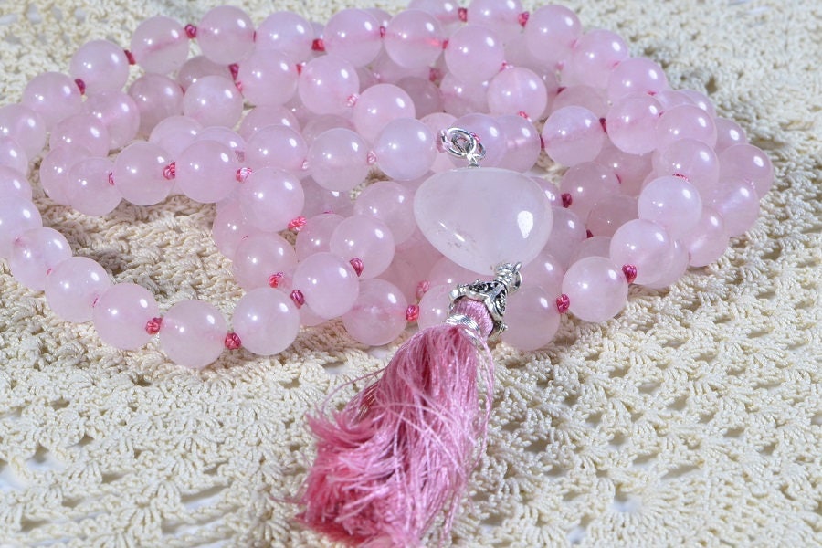 Rose Quartz Mala Bead Necklace, 108 Beads, Heart Tassel