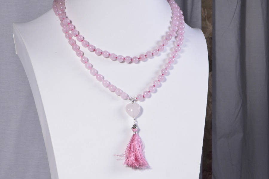 Rose Quartz Mala Bead Necklace, 108 Beads, Heart Tassel