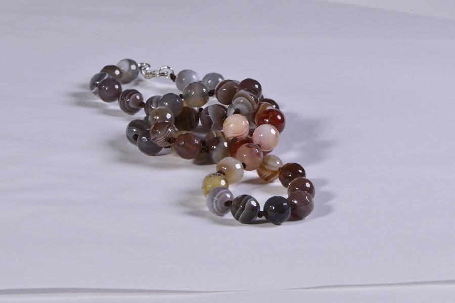 Knotted Agate Bead Necklace, Sterling Silver Clasp, 20 Inch
