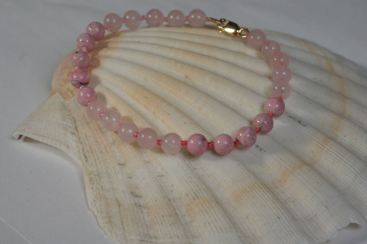 Rose Quartz and Rhodochrosite Mala Bracelet, Knotted Beads Bracelet,  Bead Bracelets