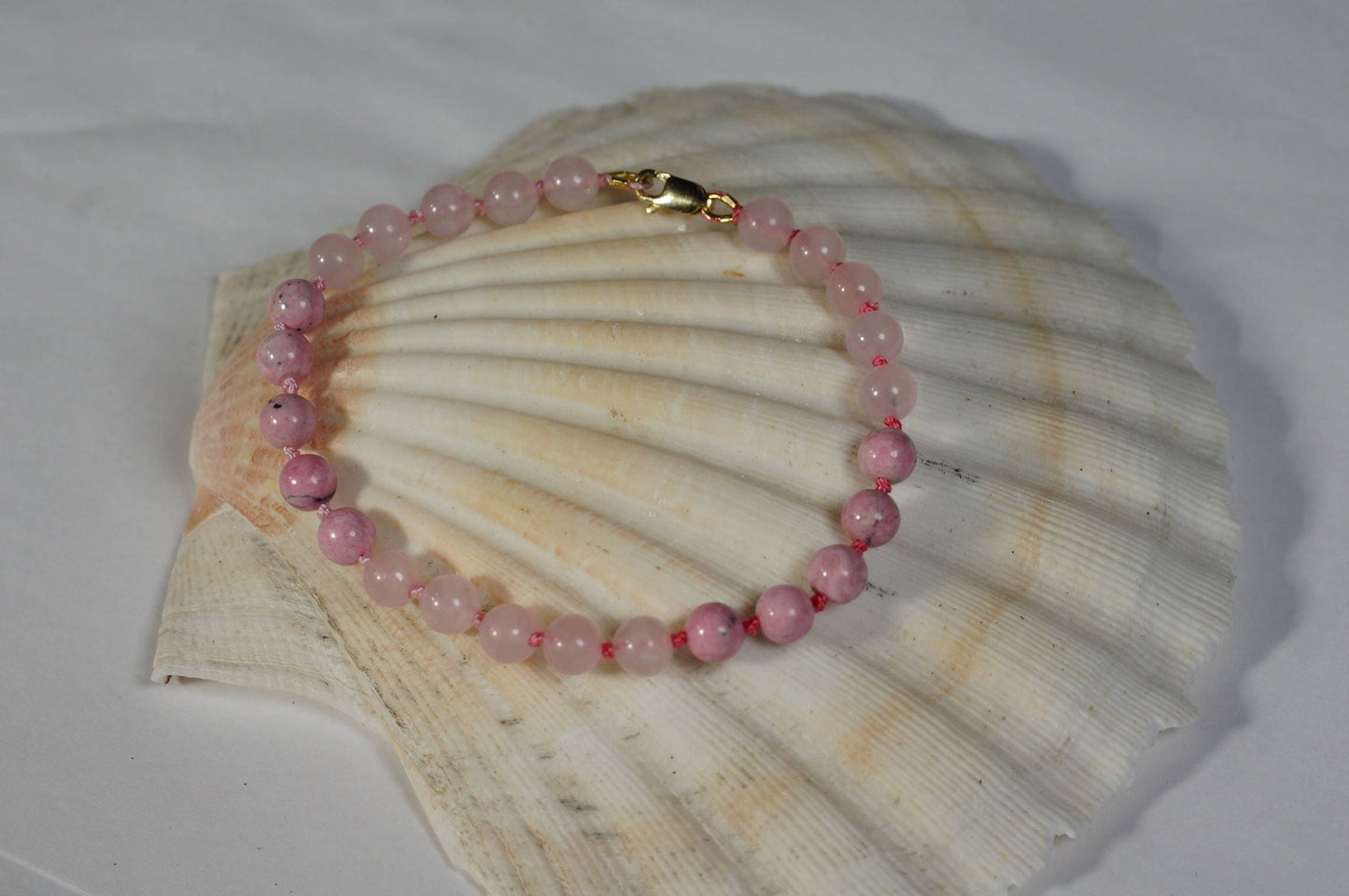 Rose Quartz and Rhodochrosite Mala Bracelet, Knotted Beads Bracelet,  Bead Bracelets
