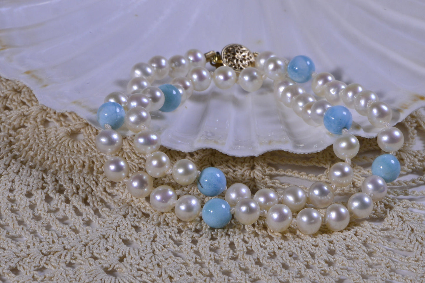 Larimar & Pearl Choker Necklace, 14k Gold Filled Clasp