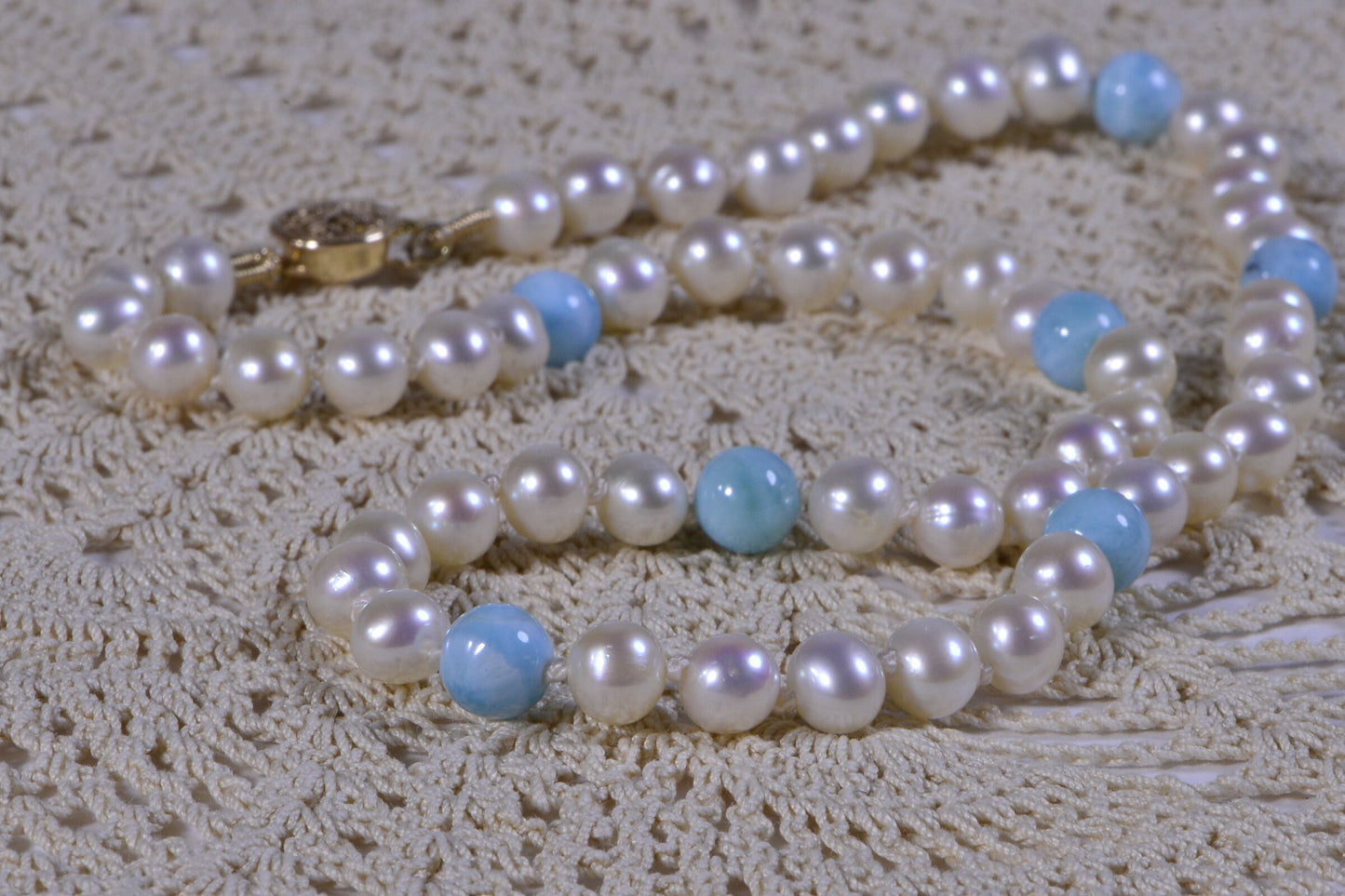 Larimar & Pearl Choker Necklace, 14k Gold Filled Clasp