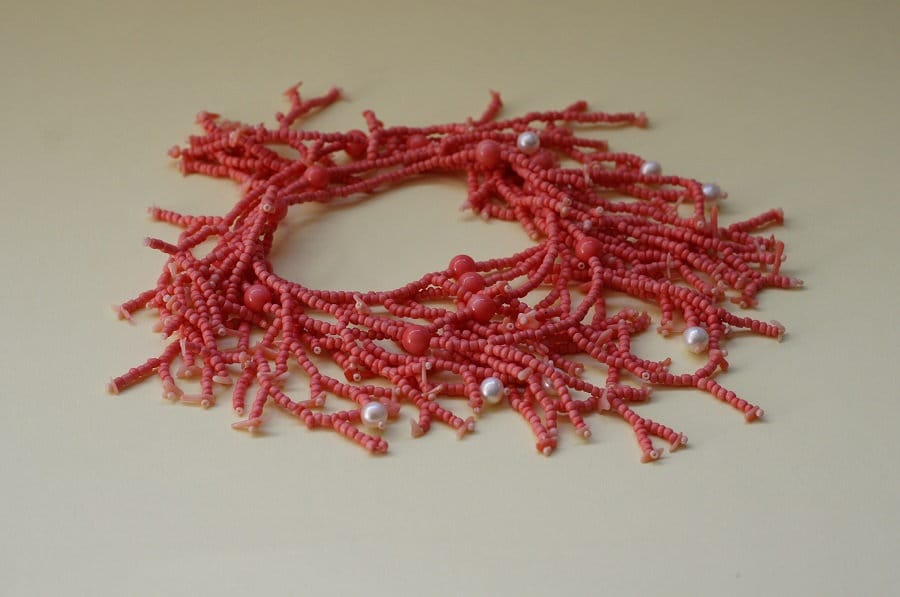 Coral & Pearl Fringe Necklace, Pink Seed Beadwork