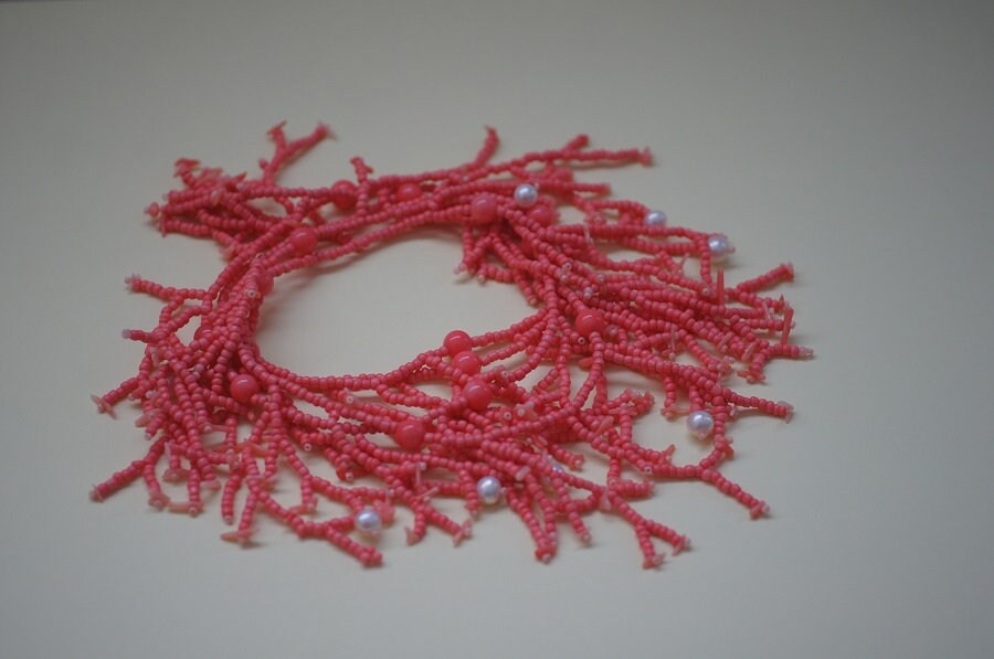 Coral & Pearl Fringe Necklace, Pink Seed Beadwork
