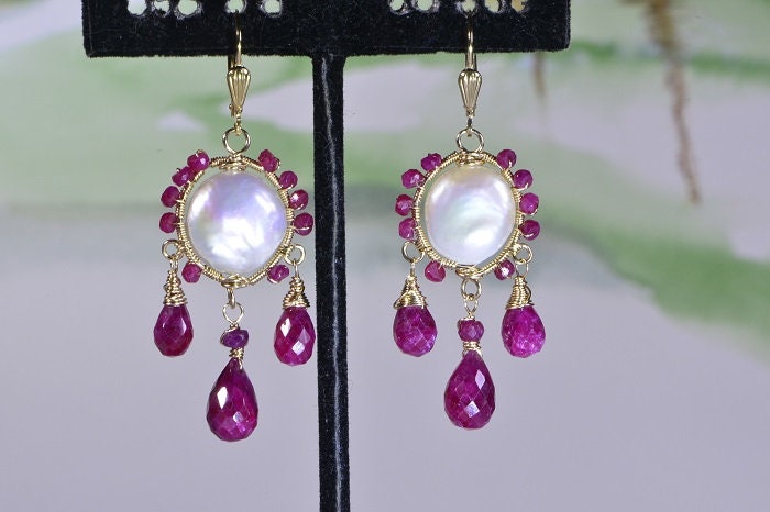 Wire Wrapped Ruby Earrings, Pearl, 14k Gold Filled