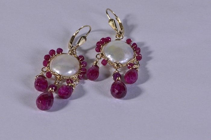 Wire Wrapped Ruby Earrings, Pearl, 14k Gold Filled