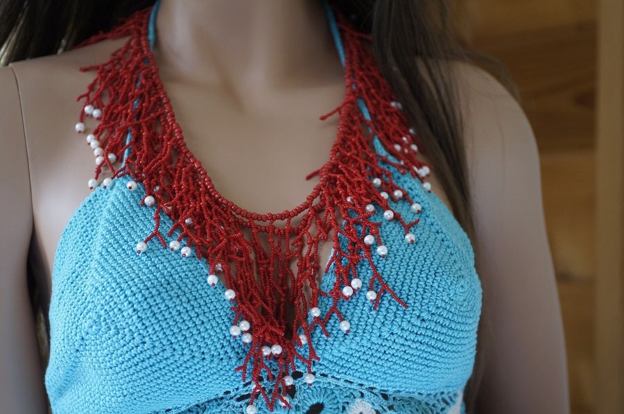 Red Coral Fringe Necklace, Glass Bead Bib Statement Jewelry