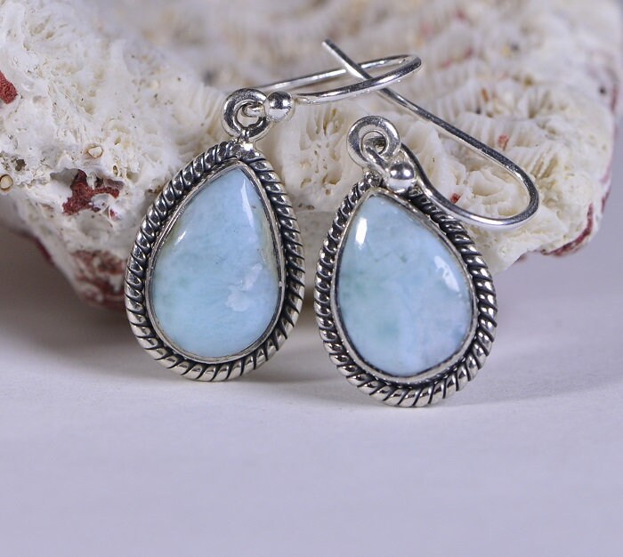 Handmade Larimar Earrings, Sterling Silver Teardrop Jewelry