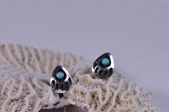 Bear Paws Turquoise Stud Earrings Sterling Silver Jewelry