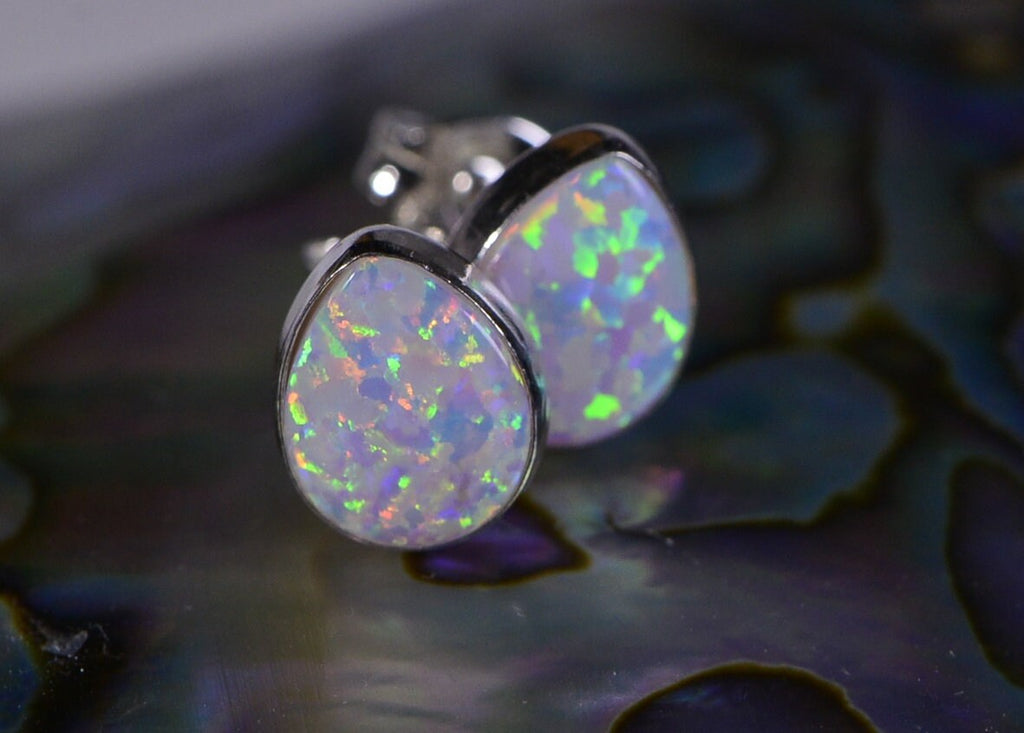 Sterling Silver Opal Stud Earrings: Teardrop Bezel Set