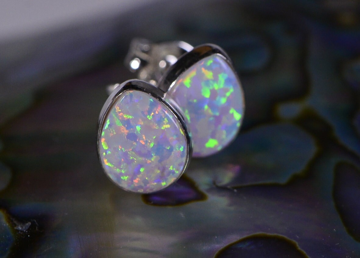 Sterling Silver Opal Stud Earrings: Teardrop Bezel Set